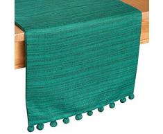 The White Petals Pom Pom Tischläufer, mit Stoff gefüttert, ohne ausfransende Kanten, für Zuhause, Küche, Esszimmer, Urlaub, Hochzeit, Party-Dekor 13x108 inch smaragdgrün