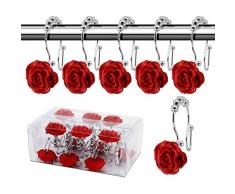 BEAVO Dekorative Duschvorhang-Haken, 12 Stück Doppelgleiter-Duschringe Edelstahl rostfrei Duschhaken Ring mit Acryl-Strasssteinen für Badezimmer Duschstangen Rose Hooks rot