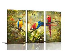 HLJ Kunstdruck Originaldesign 3 Panel Abstrakt Macaw Papagei in Tropischen Regen Wald Tiere Bild Leinwand Kunstdruck Wandbilder Gemälde für Wohnzimmer Decor und Moderne Zuhause Dekorationen (Holz)
