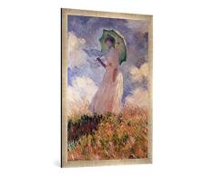 Gerahmtes Bild von Claude Monet Frau mit Sonnenschirm, nach Links gewendet, Suzanne Hoschedé, Kunstdruck im hochwertigen handgefertigten Bilder-Rahmen, 70x100 cm, Silber Raya