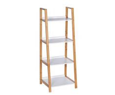 WENKO Regal Finja, Badezimmer-Schrank mit 4 Ablagen, Badschrank aus Bambus, kleine Kommode, Eckregal für das Bad, 43 x 112 x 36 cm, weiß / natur
