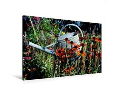 Premium Textil-Leinwand 120 cm x 80 cm quer, Blick in den Garten | Wandbild, Bild auf Keilrahmen, Fertigbild auf echter Leinwand, Leinwanddruck: Gießkanne und Blumen am Gartenzaun (CALVENDO Glaube);CALVENDO Glaube