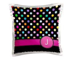 3dRose PC 154307 _ 1 Buchstabe J Monogramm auf Rainbow Polka Dots Muster mit Hot Pink Persönlichen Initiale Girly Multicolor Kissen Fall, 40,6 x 40,6 cm