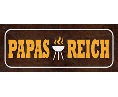 Schatzmix Spruch Papas Reich (braunes Schild mit Grill) 27x10 Deko tin Sign Blechschild, Blech, Mehrfarbig, 27x10 cm