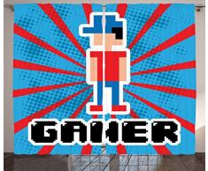Video Games Vorhänge, 2 Panel Set by ambesonne, blau und rot Streifen Boom Beams Retro Stil der 90 Toys Junge mit GAP Gamepad, Wohnzimmer Schlafzimmer Decor, 108 W x 90 l Zoll, Rot Blau Weiß Schwarz