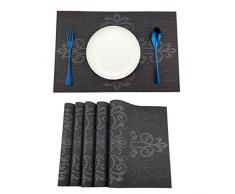 puzhler Platzsets Set 6 Stück gekreuzt mit Läufer für Esstisch gewebte Vinyl-Tischsets und Tischläufer Set abwischbar hitzebeständig Black floral