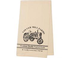 VHC Brands Farmhouse Housewarming Tabletop Kitchen Sawyer Mill Tractor Fabric Loop Cotton Stenciled Muslin Graphic/Print Küchentuch, Baumwolle, Antique Creme White
