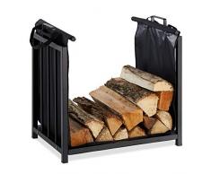 Relaxdays Kaminholzständer mit Holztragetasche, für innen, modernes Design, Kaminregal Stahl, HBT: 50x51x37 cm, schwarz