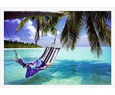 Buyartforless Poster Tropischer Strand – Hängematte mit Handtuch und Hut, 91 x 61 cm, Kunstdruck in Küstenform