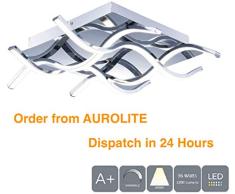 AUROLITE 4 LED Halbbündige Deckenleuchte, poliertes Chrom-Finish, 36 Watt 2500 Lumen, natürliches Weiß (4000 K), dimmbar, ideal für Wohnzimmer, Schlafzimmer, Küche, Flur, Hotel, B&B, quadratisch