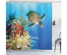 Schildkröte Vorhang für die Dusche von ambesonne, Close Up Foto der grünen Schildkröte auf Pulau Sipadan Borneo Malaysia Cute Animal, unter dem Meer, Stoff Badezimmer Decor Set mit Haken, blau gelb, Textil, Multi 11, 69W x 75L