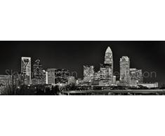 photosbyjon Charlotte Skyline Foto Druck Gerahmt Night Schwarz & Weiß BW 29,8 x 91,4 cm Queen City Downtown Fotografien Panorama Poster Bild Standard Größe