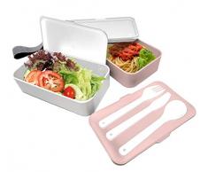 NERTHUS FIH 667 667-Lunch Doppelbox, 2 luftdicht und 3 solides Besteck, Mikrowelle und Spülmaschine, langlebig, gesund und und schön, geeignet für Erwachsene und Kinder, Rosa, 18,5 x 11,1 x 10 cm