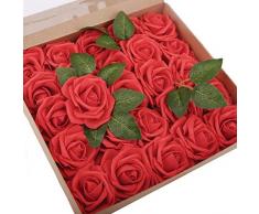 Bomarolan Künstliche Rosen aus Schaumstoff, echte Haptik, 25 Stück, künstliche Rosen mit Stiel, DIY Hochzeits-Dekoration, Brautjungfer, Blumensträuße für Babyparty, Party, Heimdekoration. Art Deco Medium rot