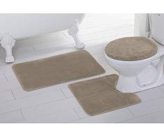 Linen Plus 3-teiliges rutschfestes Badteppich-Set für Badezimmer, U-förmiger Konturenteppich, Matte und WC-Deckelbezug taupe