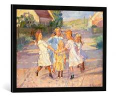 Gerahmtes Bild von Anna Kristine Ancher Kinder beim Ringelreihen, Kunstdruck im hochwertigen handgefertigten Bilder-Rahmen, 70x50 cm, Schwarz matt