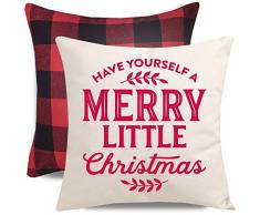 PANDICORN Set von 4 Weihnachts-Kissenbezügen für Zuhause, Weihnachtsdekoration, Weihnachtsbaum, Schlitten, Santa Rentier, rot und schwarz Buffalo Plaid Karo Überwurf Kissenbezüge, 18 x 18 cm 18 x 18 Rot-schwarzes Büffelkaro,