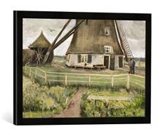 Gerahmtes Bild von Vincent Van Gogh Die Laakmolen bei Den HAAG - Die Windmühle, Kunstdruck im hochwertigen handgefertigten Bilder-Rahmen, 60x40 cm, Schwarz matt