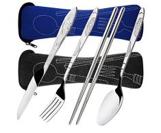 Senhai 8 Stück Besteck Sets Messer, Gabel, Löffel, Stäbchen, 2 Pack Rostfreies Edelstahl Geschirr Geschirr mit Tragetasche für Reisen Camping Picknick Arbeiten Wandern (Dunkelblau, Schwarz)