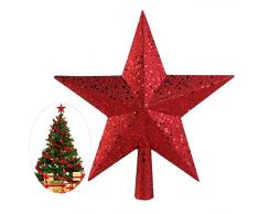 AKOAK Weihnachtsbaumspitze, 15 cm, dreidimensionaler Stern mit fünfzackigem Stern, für Weihnachtsbaum-Dekoration im Innenbereich, Party-Dekoration rot