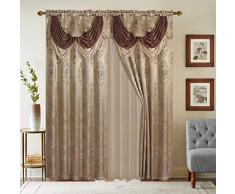 Gardinenvorhang, Jacquard-Fenster, 213,4 cm lang, mit befestigtem Volant, durchscheinende Rückseite + Quasten, traditionelles 213 cm Vorhang-Set für Wohnzimmer, Esszimmer oder Terrassentüren, schwere Qualität 84 Length Camel/Taupe