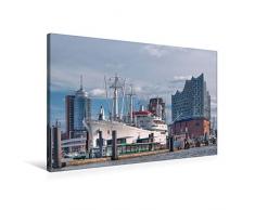Premium Textil-Leinwand 90 x 60 cm Quer-Format Museumsschiff Cap San Diego und Elbphilharmonie | Wandbild, HD-Bild auf Keilrahmen, Fertigbild auf hochwertigem Vlies, Leinwanddruck von Gabriele Krug