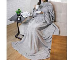Premium Fleece Kuscheldecke mit Ärmeln von pavilia | Warm, Cozy, extra weich, funktionell, leicht hellgrau