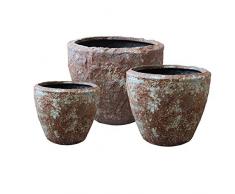 Benjara Pflanzgefäß, rund, aus Sandstein, handgefertigt, 3 Stück