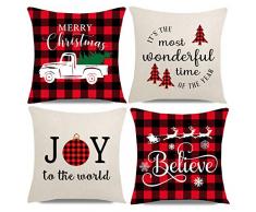 PANDICORN Set von 4 Weihnachts-Kissenbezügen für Zuhause, Weihnachtsdekoration, Weihnachtsbaum, Schlitten, Santa Rentier, rot und schwarz Buffalo Plaid Karo Überwurf Kissenbezüge, 18 x 18 cm 18 x 18 4 Stück Weihnachten 2