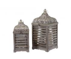 Benzara Laterne aus Holz / Metall mit wunderschön verarbeitetem Metalldach, 2er Set