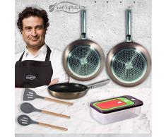 San Ignacio PK1787 Pfannen 20,24,28 cm, gepresstes Aluminium, Induktion, Kupfer, Transportbehälter für Lebensmittel, mit 3 Küchenutensilien, Nylon, Aluminium