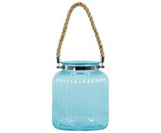 Urban Trends rund Laterne mit gerippten Design Körper, Kragen Hals, und Seil Griff LG bunten Glas-Finish, blau, Glas blau, L