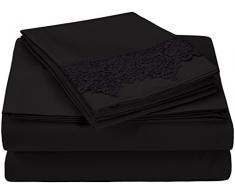 Superior - Superweiches, leichtgewichtiges, knitterfestes Bettlakenset mit Kopfkissenbezügen mit königlicher Spitze in Einer Geschenkbox, 96 x 203 cm, 100 % gebürstete Mikrofaser, schwarz, 3-teilig