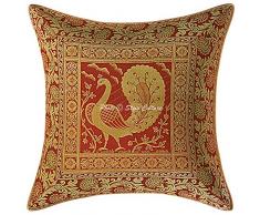 Stylo Culture Indisch Brokat Dekorativ Kissenhüllen 16 x 16 Inch Sofakissenbezug Kastanienbraunes Gold Jacquard 40 x 40 cm Tanzen Pfau Traditionell Dekokissen Quadrat Kissenbezug (1 Piece)