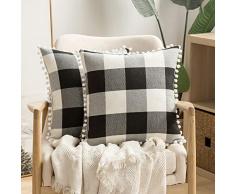 MIULEE 2er Set Retro Farmhouse Buffalo Plaid Karo Kissenbezug mit Pompons Dekorative Überwurf-Kissenbezüge für Sofa Couch 18x18 schwarz/weiß