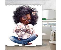 NYMB Afrikanische Frauen-Duschvorhang, schwarzes Mädchen, afrikanische Afro-Mädchen, mit Kaninchen-Badevorhänge, wasserdicht, Stoff, Kaninchenduschvorhang, für Badezimmer, 12 Haken, 69 x 178 cm