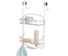 iDesign Weston Duschablage ohne Bohren, breites Duschregal zum über die Tür hängen aus Metall, Hängeregal mit 2 Körben, Seifenablage und 2 Doppelhaken, mattsilberfarben, 36,7 cm x 22,2 cm x 61 cm