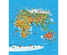 AG Design FTL 1640 Kinderweltkarte, Papier Fototapete Kinderzimmer- 180x202 cm - 2 teile, Papier, multicolor, 0,1 x 180 x 202 cm