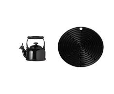 Le Creuset Wasserkessel Tradition schwarz & Le Creuset Silikon-Accessoires Topflappen rund schwarz