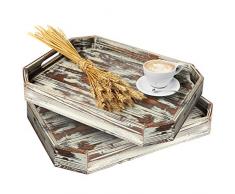 MyGift Rustikales Serviertablett Frühstücksbrettchen Kaffeeservice mit Ausgeschnittenen Griffen und abgewinkelten Kanten 2er Set Country Rustic Torched Wood