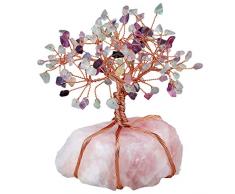 Nupuyai Natürlicher Quarzkristall Geldbaum Heilender Rosenkristall Baum Quarz Cluster Basis Bonsai Skulptur Figur 5,3 cm Rose Quartz&Fluorite