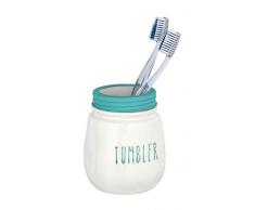 WENKO Tirana Zahnputzbecher-/ Zahnbürstenhalter (für Zahnbürste und Zahnpasta, Keramik) 8.5 x 11.5 x 8.5 cm, Weiß