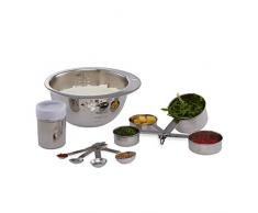 Relaxdays Küchen Set 10-tlg., Mess Cups, Messlöffel, Rührschüssel mit Maßen, Streuer Puderzucker & Kakao, silber/weiß