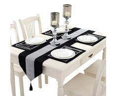 HANGNUO Tischläufer mit Pailletten-Strass und eleganter Quaste für Hochzeit Erntedankfest Weihnachten Tischdeko 4*Place Mats+13 * 70inchRunner schwarz