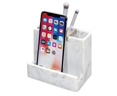 iDesign Badezimmer Ablage, Zahnbürsten Halter mit 3 Fächern und Ablage aus Kunstharz und Metall, eleganter Smartphone Ständer für den Waschtisch, weiß und silberfarben
