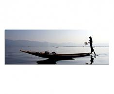 Panoramabild auf Leinwand und Keilrahmen 150x50cm Myanmar Wasser Fischerboot Fischer Silhouette