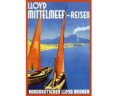 Lloyd Mittelmeer- Reisen- Norddeutscher Lloyd Bremen -Nostalgie Schiff - Reklame Blechschild, 20x30 cm Deko