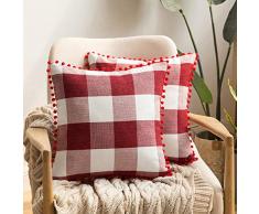 MIULEE 2er Set Retro Farmhouse Buffalo Plaid Karo Kissenbezug mit Pompons Dekorative Überwurf-Kissenbezüge für Sofa Couch 18x18 rot/weiß