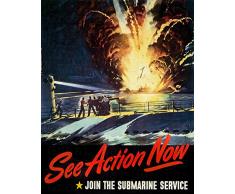 American Propaganda Poster 2. Weltkrieg – Join The Submarine Service. Siehe Action jetzt.-World War 2 Military Art Prints Reproduktion – WWII American Militaria Wand Art Decor Art Deco 11.7 x 16.5 mehrfarbig