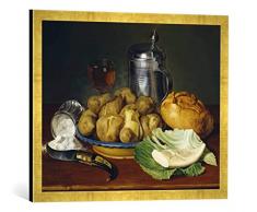 Gerahmtes Bild von Monogrammist L.S Stilleben mit Pellkartoffeln, Kunstdruck im hochwertigen handgefertigten Bilder-Rahmen, 70x50 cm, Gold Raya